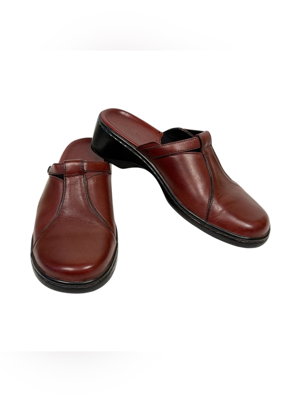 Clarks Womens Comfort Leather Slip-On Mules Cranberry /Brown Sz US 9 / EU 40.5